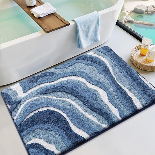 LUMI Absorbent Bathroom Rug Non Slip Rubber Backing, Machine Washable Wave Bath Mat Soft Premium Microfiber, Beach Bath Rugs Quick Dry for Bathtub and Shower Floor, 16"x24"