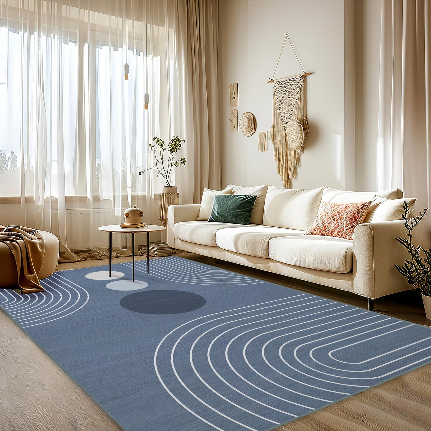 Area Rug 5x7 Boho Modern Minimalist Geometric Abstract Rug Dusty Blue Mid Century Modern Rug for Living Room Machine Washable Non-Slip Printed Low Pile Indoor Carpet for Bedroom Dining Room Office