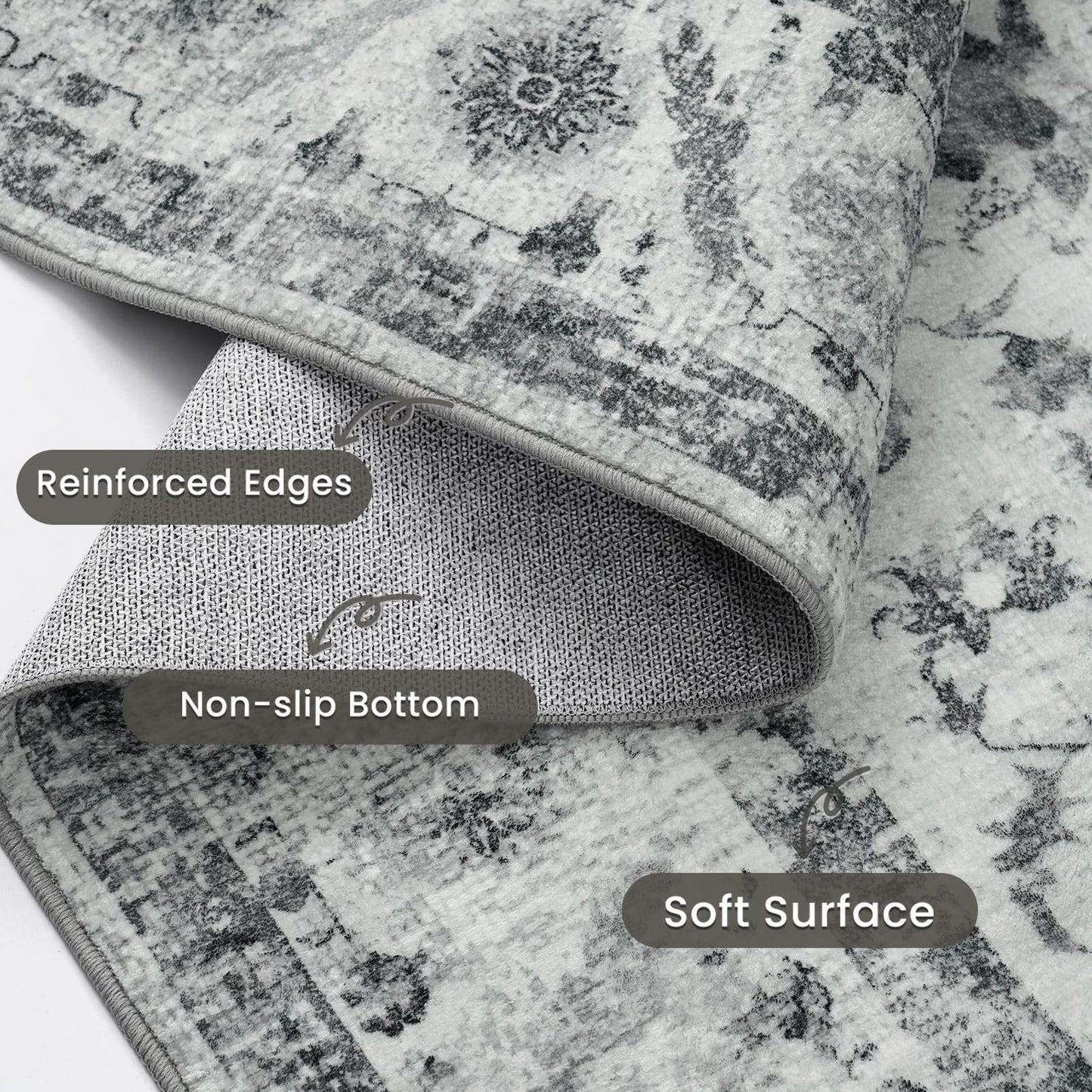 YOH Boho Washable Rug 4x6, Light Gray Vintage Non Slip Area Rug, Distressed Indoor Carpet for Living Room Bedroom Kitchen Office