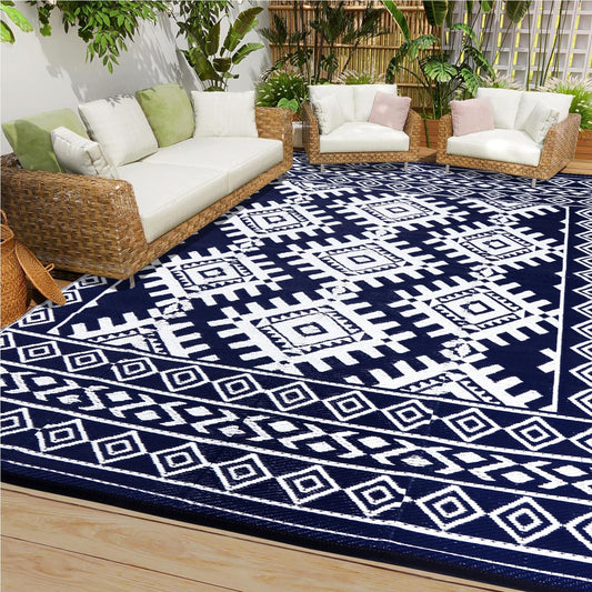 Pendolr 5’x8’ Outdoor Rug Waterproof Carpet Patio Mat Outdoor Plastic Straw Rug Camping Rug Reversible Outside Outdoor Area Rug for Balcony Deck Backyard RV Picnic Beach Navy&White 03#