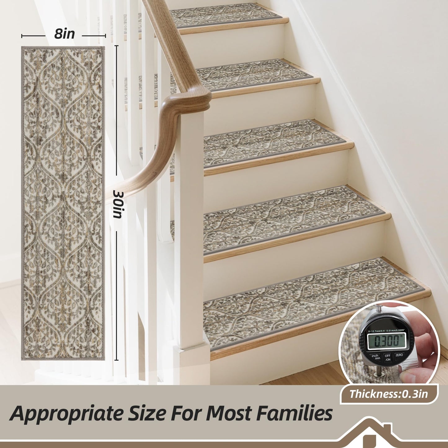 BEQHAUSE Stair Treads for Wooden Steps Non-Slip Machine Washable Carpet Stair Treads 8"X30" Soft Indoor Stair Runner for Kids Elders and Pets, 100% Polyester, TPE Backing, 4pcs, Beige/Malt Yellow