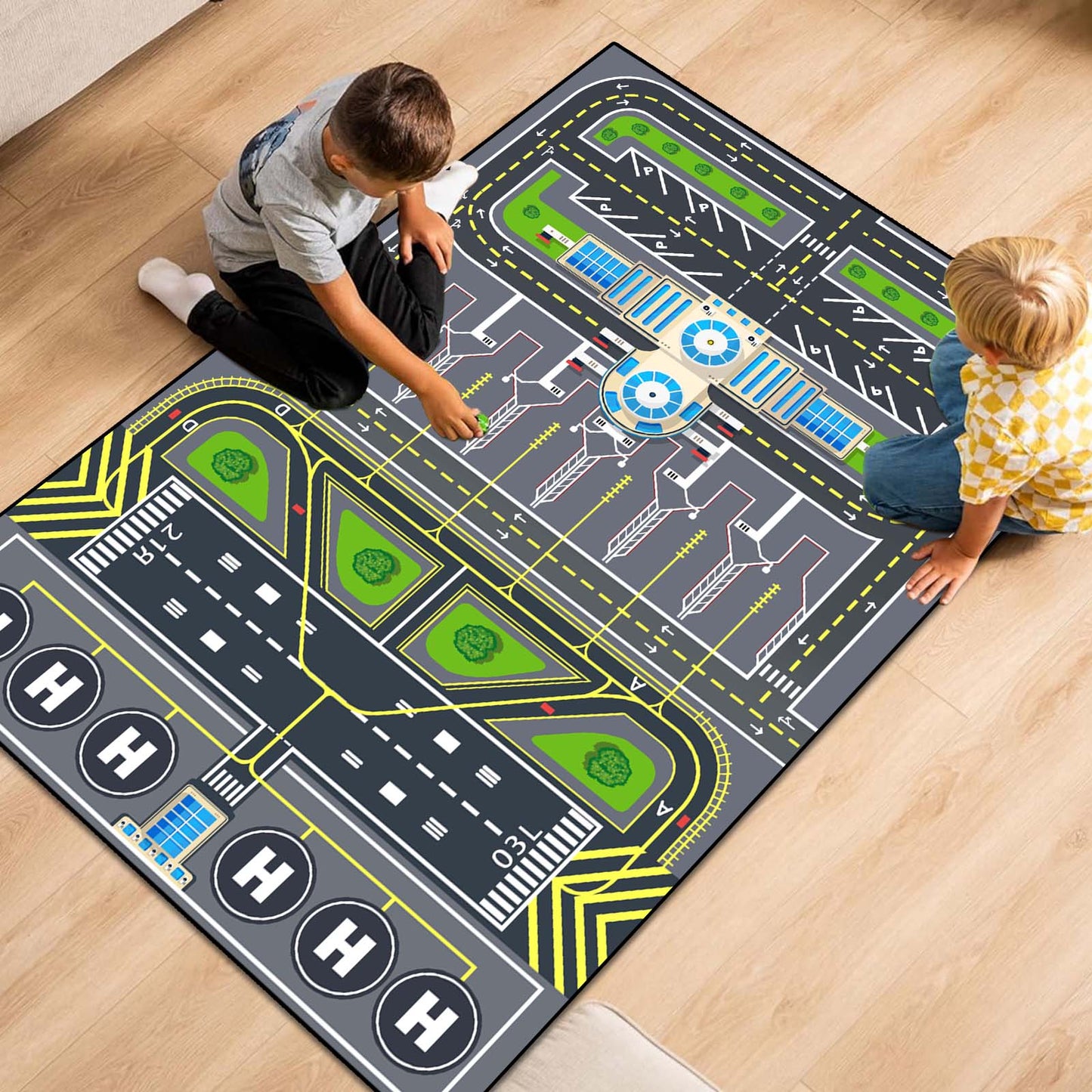 Xyrjova Play Rug for Kids Playroom 31''x47'' Airport Playmat Airplane Rug Airport Carpet with City Road Traffic System and Aircraft Runway，Non-Slip Washable Classroom Rugs Car Rugs Airports Mat