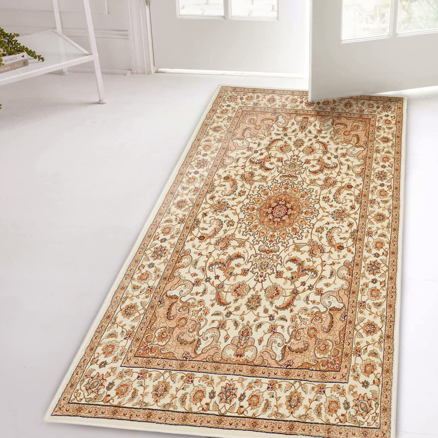 COMSLE Boho Area Rug, 2' x 4' Machine Washable Rugs for Entryway Faux Wool Small Rugs Distressed Throw Rug Non-Slip Floor Carpet for Indoor Bedroom Kitchen Living Room Cream/Beige-2