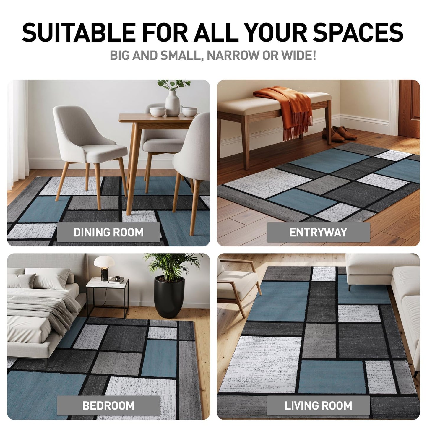 Rugshop Modern Geometric Boxes Blue Area Rug, Non-Shedding Carpet for Bedroom, Office, or Small Living Room, 4' x 6'