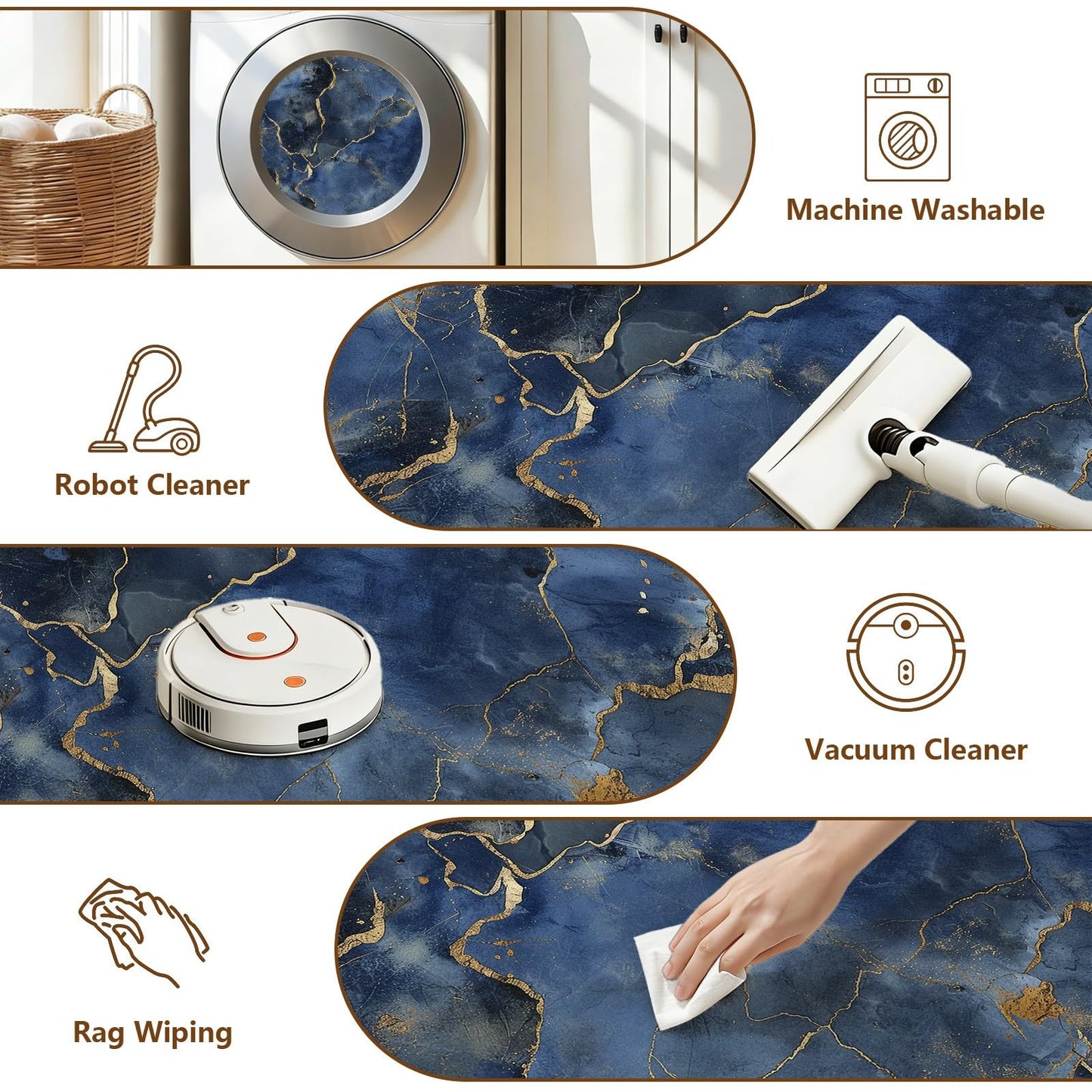 Modern Abstract Area Rug, 5ft Blue White Gold Marble Texture Carpet, So Flannel Washable Floor Rug with Non-Slip Backing for Living Room Bedroom Dining Room Contemporary Home Decor