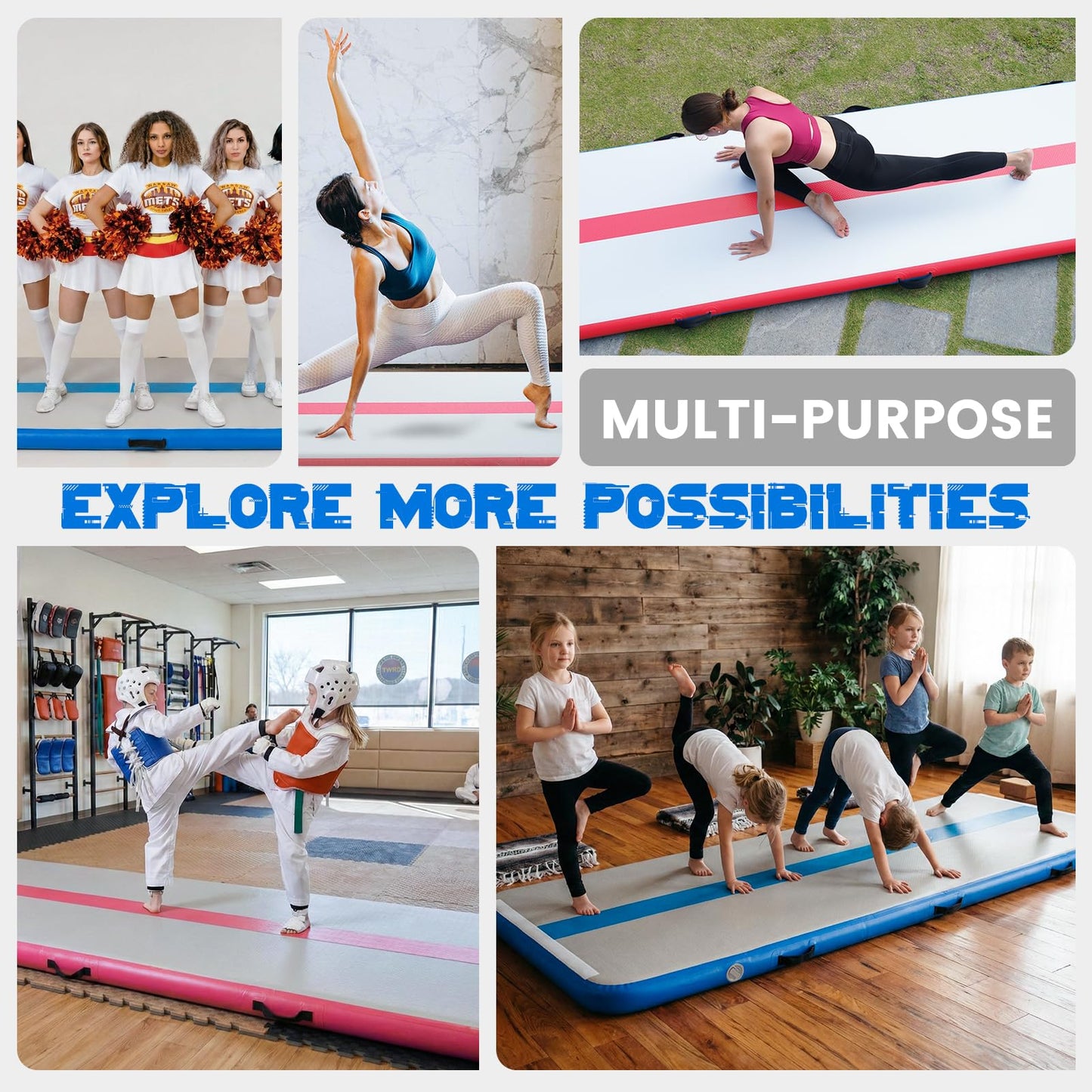Tuxedo Sailor 10ft/13ft Inflatable Gymnastics Mat, 4-Inch Thick Air Tumbling Track with High-Speed Electric Pump, Storage Bag & Repair Kit for Home Gym, Cheerleading, Yoga, Kids Training (Blue & Pink) GLD-601, GLD-603, GLD-605, GLD-316, and GLD-318