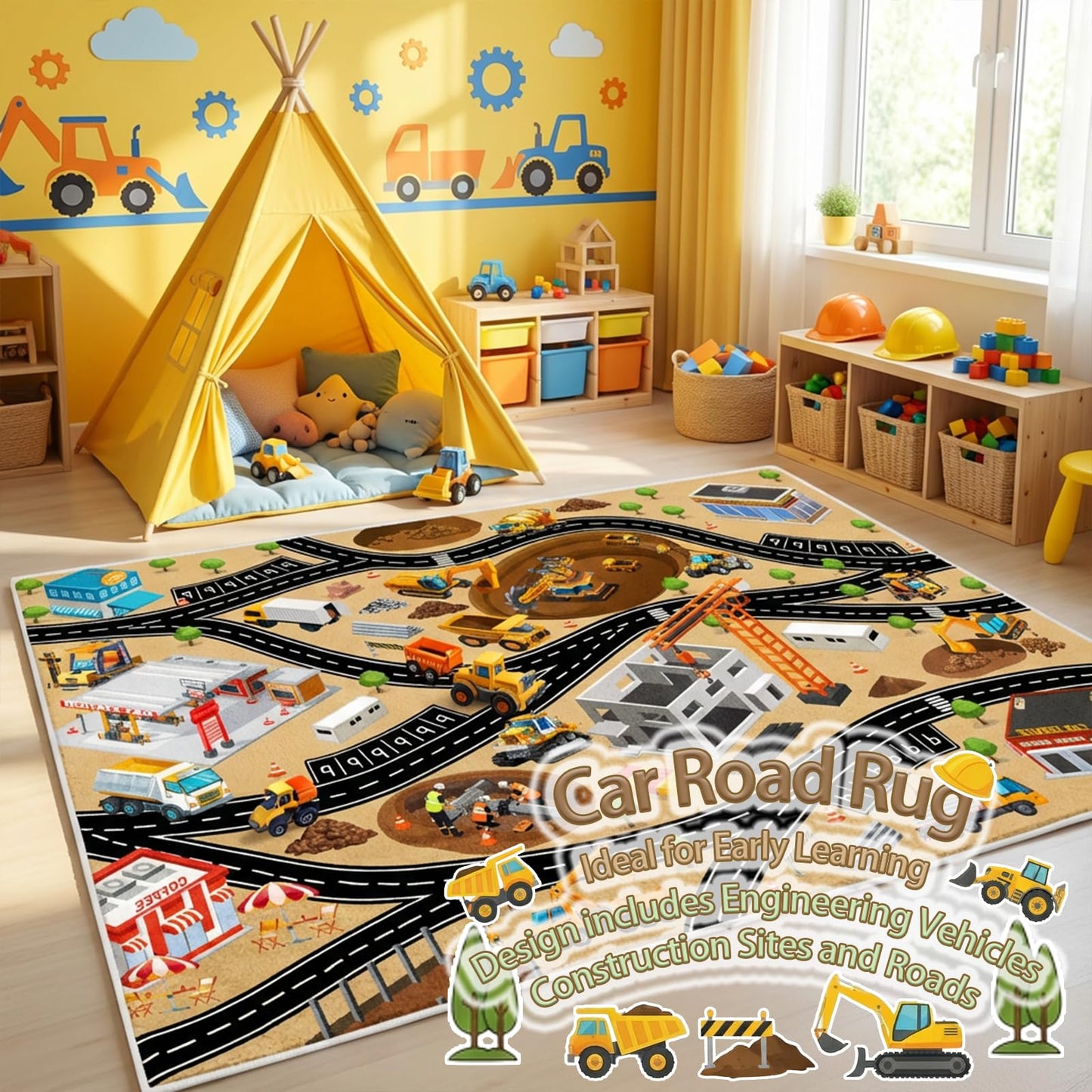 5x7 Ft Construction Site Car Rug Play Mat, Faux Wool Kids Rugs Engineering Car Playmat for Children Toddler, Non Slip City Road Trucks Rug Washable Carpet for Boy Playroom Bedroom Nursery