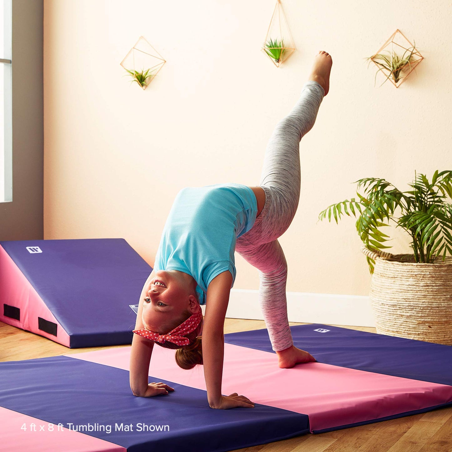 We Sell Mats 4 ft x 8 ft x 1.5 in Gymnastics Mat, Folding Tumbling Mat, Portable with Hook & Loop Fasteners, Purple / Pink