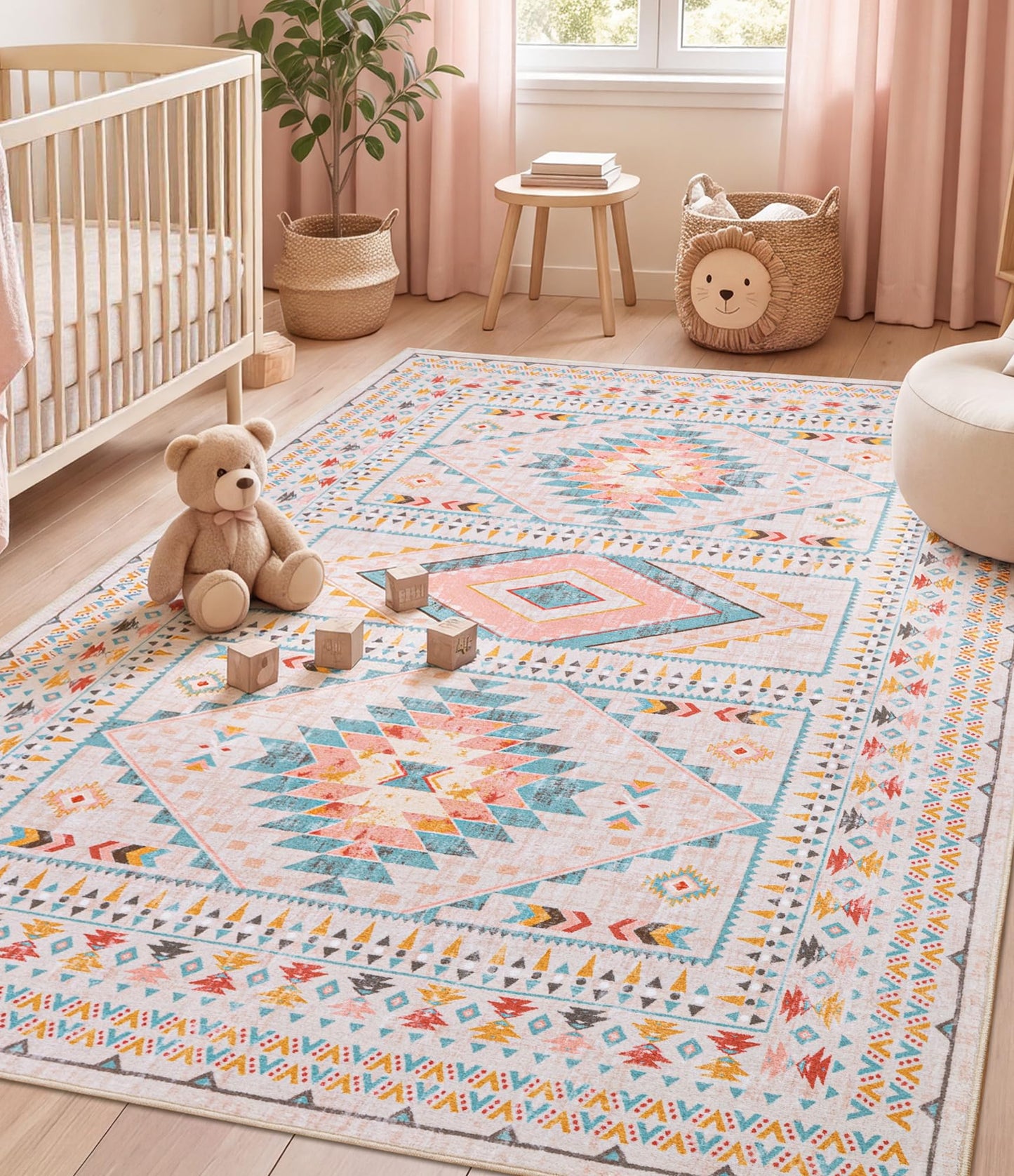 YIHOUSE Boho Living Room Area Rug 5'x7', Pink/Blue