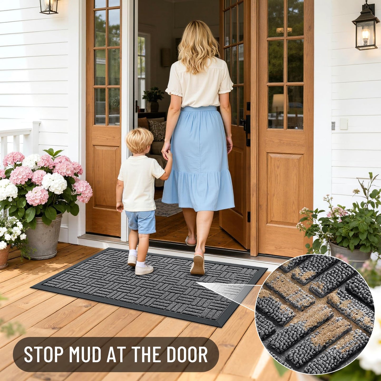 OLANLY Front Door Mat Outside Entrance 47x23, Absorbent, Heavy Duty Sturdy Natural Rubber Doormat Indoor Outdoor, Stain and Fade Resistant, Non-Slip Backing Low Profile Floor Mat for Entryway, Grey