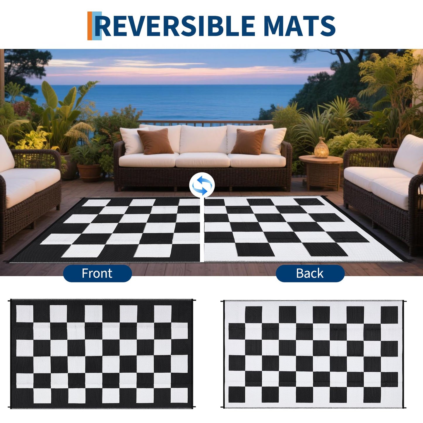 GarveeHome Outdoor Rug 8 x 10 Waterproof Checkboard Woven Carpet, Large Reversible Plastic Straw Rug, Foldable Modern Geometric Plaid Outside Camping Rug for Picnic, Backyard, Deck, Black White