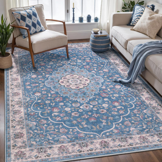 Tangsoo Vintage 4x6 Rug for Living Room,Washable Indoor Area Rug Blue Beige Non-Slip Mat Soft Floral Low Pile Carpet for Front Porch Dining Room Patio Bedroom