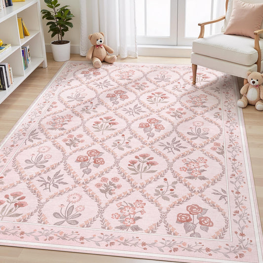 Dadasgk Pink Rug for Bedroom Girls, 5x7 Washable Rug for Floral Nursery Decor, Cute Soft Low-Pile Non Slip Indoor Floor Carpet for Baby Kids Room Playroom Living Room Dorm, Pink Multi