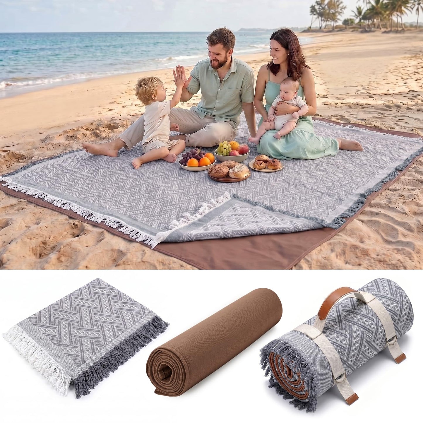 2 in 1 Extra Large 80"* 80" Rug Picnic Waterproof Outdoor Beach Blanket Foldable Camping Mat Car Travel Necessities Mountaineering Essentials Camper Accessories Backpacking Gear Trip Supplies