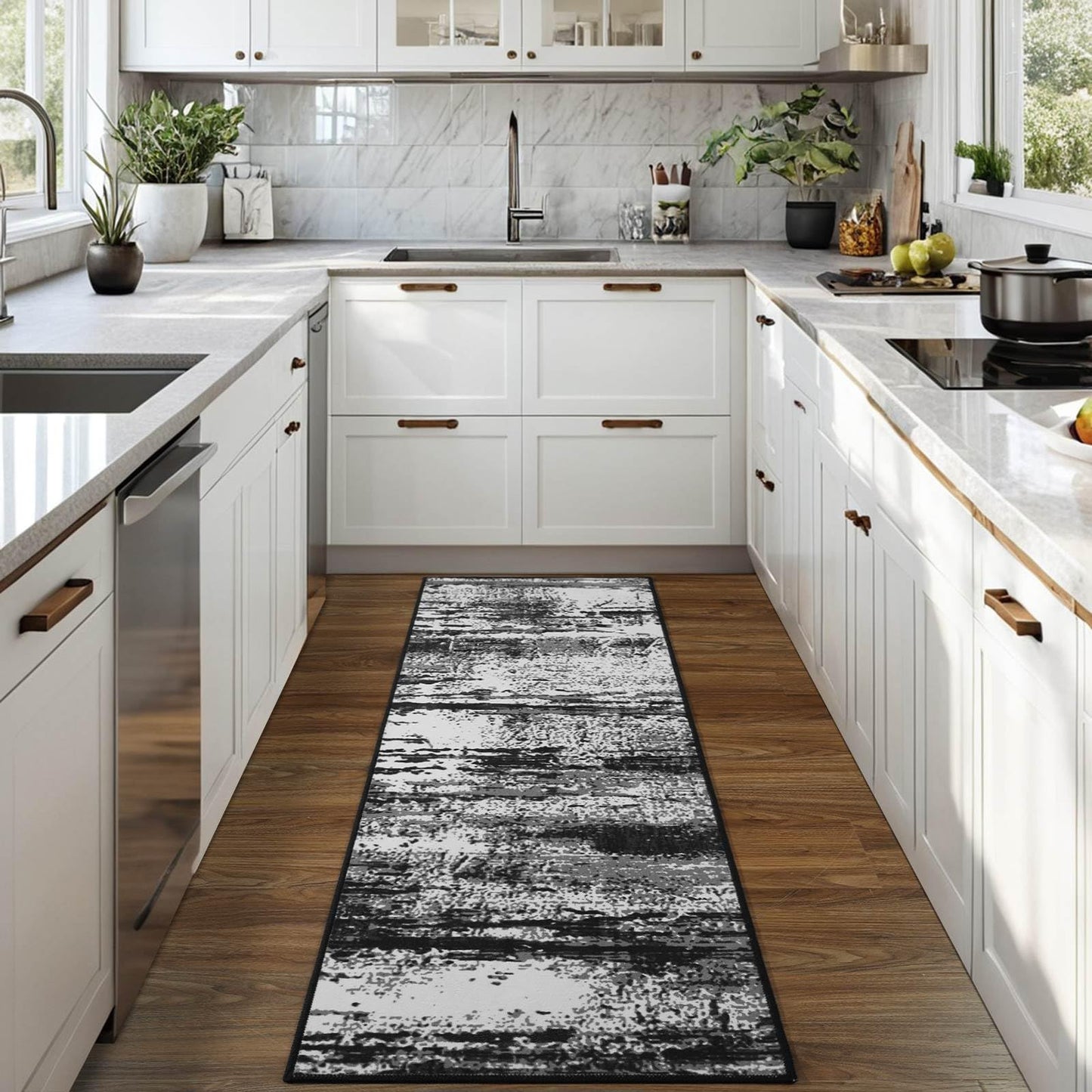 Runner Rug 2x6 Washable Rug Runners for Hallways Kitchen Non-Slip Rugs Abstract Print Soft Faux Wool Carpet Runner for Entryway Indoor, Bedroom Bedside, Laundry, Dorm, Home Decor (Black and Grey)
