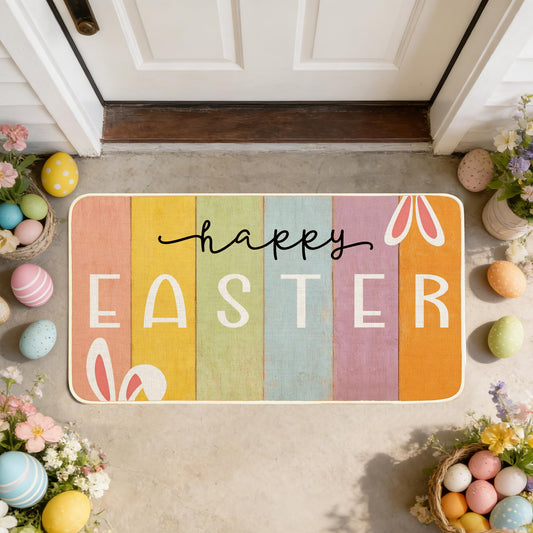 WIBUE Happy Easter Doormat, Bunny Welcome Door Mat, Spring Rabbit Doormat, Indoor/Outdoor Floor Mat, Non Slip Coir Front Door Mats for Easter Decor 17" x 30" Inch (Rabbit Ears)