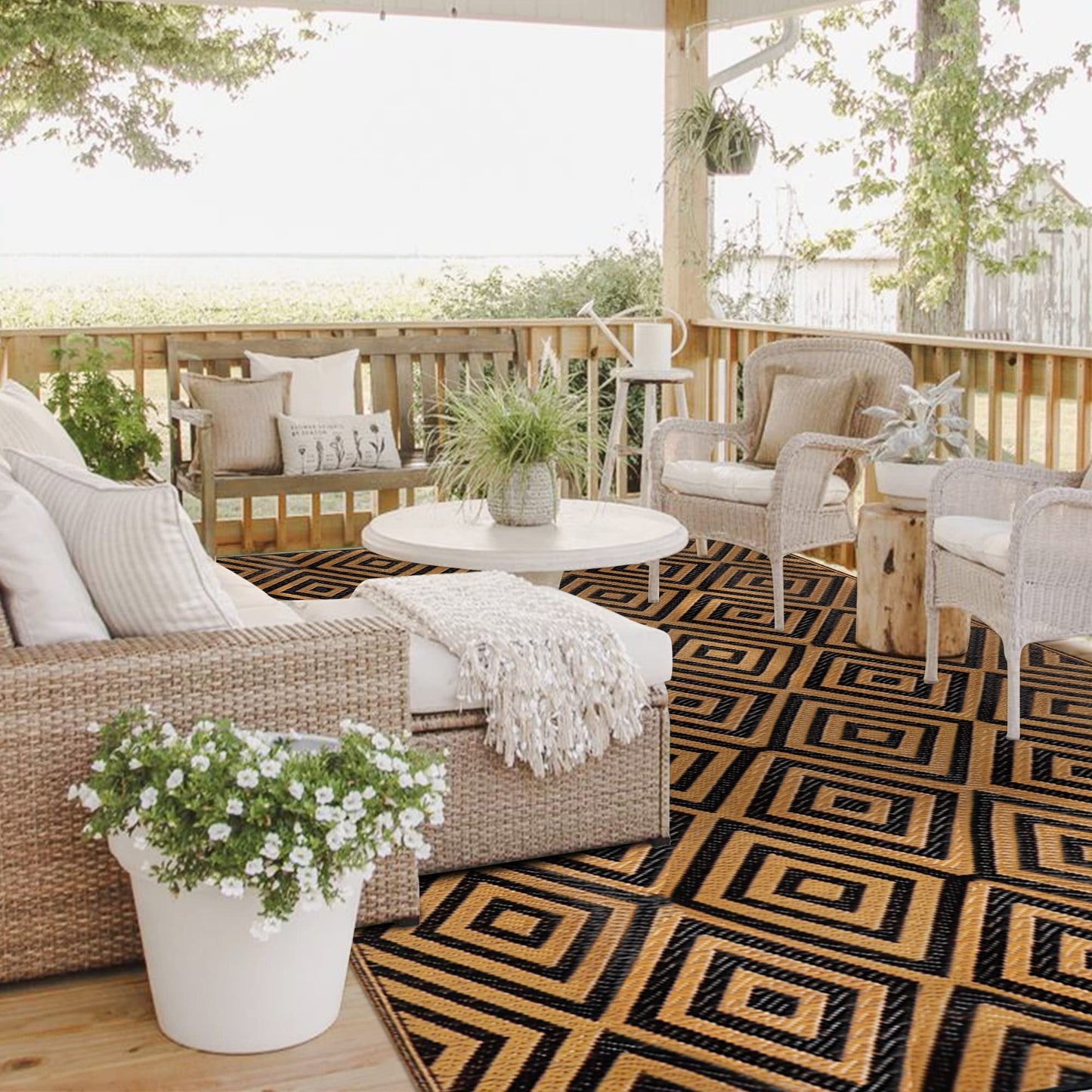 Ridota Reversible Mats, Outdoor Patio Rugs, Plastic Straw Rug, Modern Area Rug, Floor Mat for Outdoors, RV, Patio, Backyard, Deck, Picnic, Beach, Trailer, Camping (Diamond Black & Brown, 9' x 12')