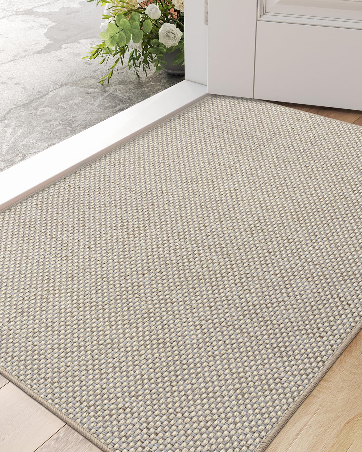 DEXI Ultra Thin Door Mat Indoor Entrance 24x36, Non Slip Rubber Backed Entryway Mats Dirt Trapper, Low Profile Front Doormat for Inside Entry, Patio, Porch, Beige
