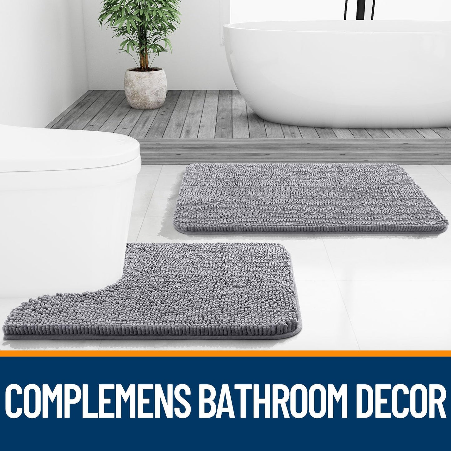 OLANLY Bathroom Rugs Sets 2 Piece, Soft Absorbent Chenille Bath Mats Area Rug Set, Non-Slip, Quick Dry, Machine Washable Bath Mats for Bathroom, Home Decor Accessories (36"x24"+30"x20", Grey)