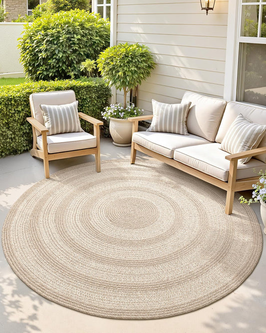 Color&Geometry 5x5 Round Jute Rug Indoor Outdoor,Reversible Hand Woven Natural Fiber Concentric Circle Area Rug, Easy Clean Nordic Minimal Decor for Patio, Deck, Living Room, Dining Room
