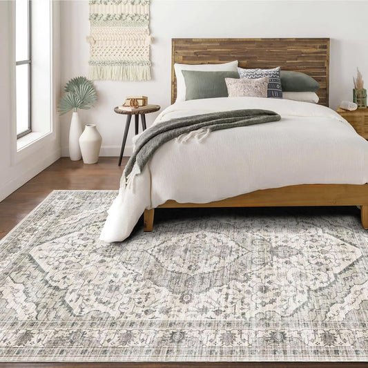 Deerly Boho 6x9 Area Rug Vintage Rugs for Living Room, Washable Rugs Non Slip Large Area Rug for Dining Room Bedroom Office, Floor Decoration Big Rug Mat Low-Pile (Cream)