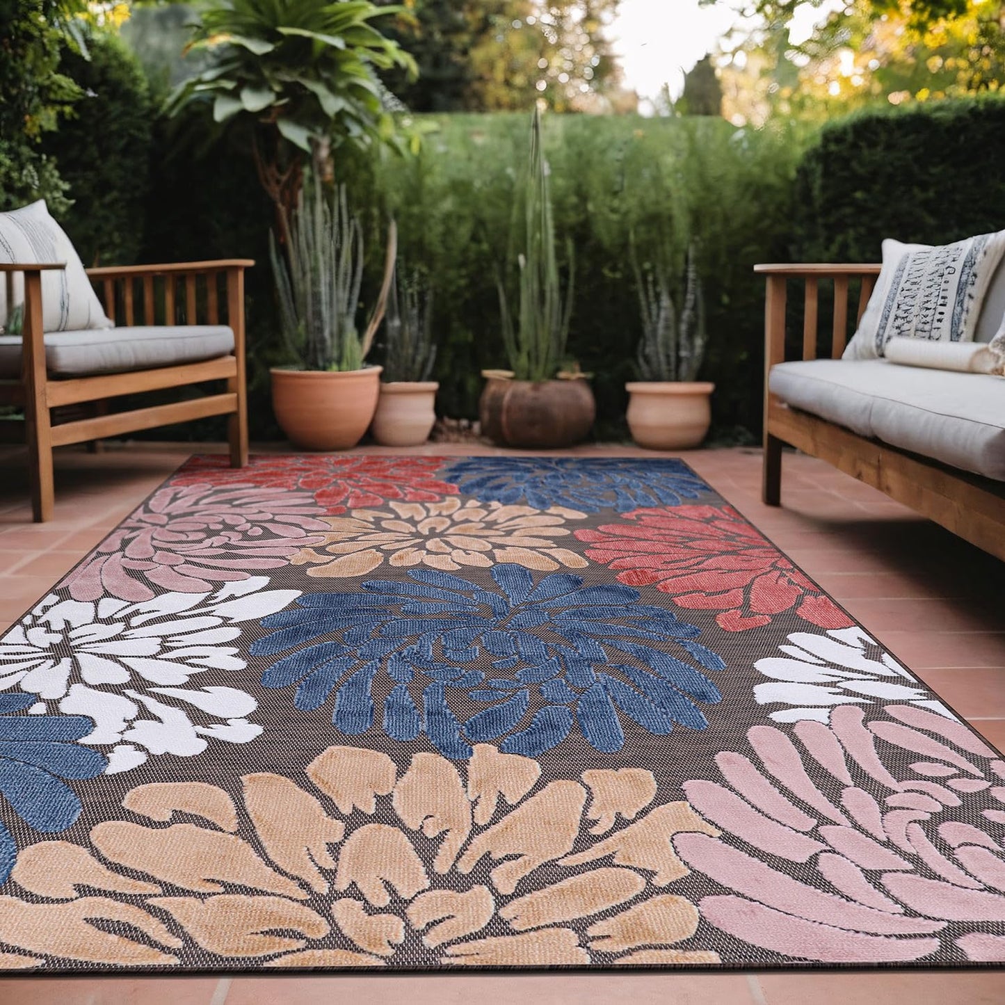 Luul Home Floral Indoor Outdoor Rugs 5x7 Large Area Rug for Living Room, Patio Decor, Kitchen, and Entryway Rug, Washable Stain Resistant Outside Carpet Brown 5 x 7