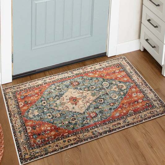 Lahome Felice Boho Tribal 2x3 Washable Small Rugs for Entryway Doormat Indoor Entrance, Throw Rugs with Rubber Backing, Bohemian Soft Non-Slip Bathroom Carpet for Bath Front Door Kitchen Floor