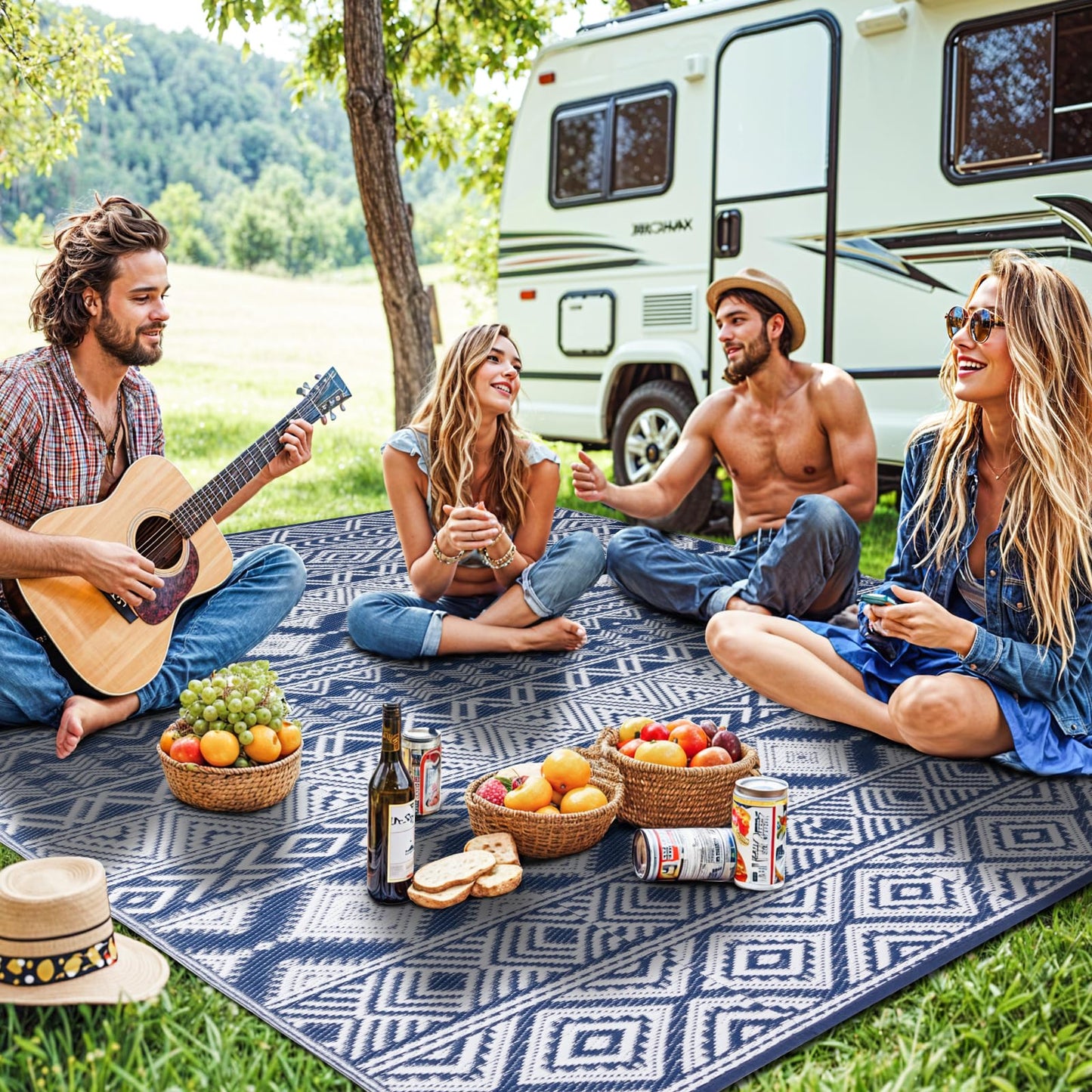 Waterproof Outdoor Rug 8x10 ft, Reversible Plastic Straw Patio Camping Rugs, Outdoor Indoor RV Mat Carpet for Patio, Outside Entry, Backyard, Deck, Bench, Picnic, Camper(8x10,Blue&White)