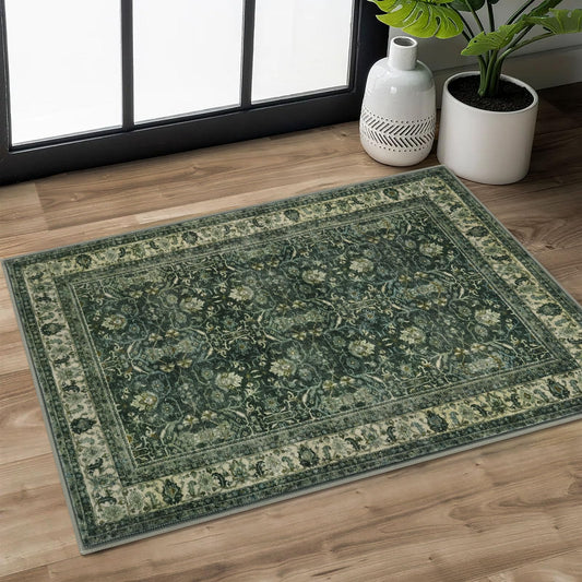 SIILOOM 2x3 Washable Rug Soft Area Rug for Entryway, Dark Green Non-Slip Indoor Door Mat Tribal Floral Low-Pile Kitchen Rugs, Vintage Tribal Carpet for Entrance Kitchen Farmhouse