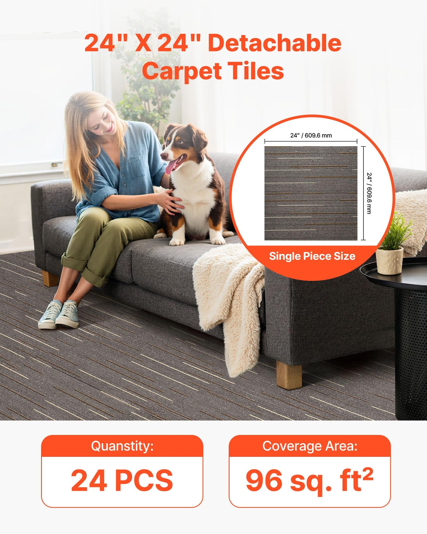 VEVOR Carpet Tiles Reusable 24x24 inch, 24 PCS Modular Carpet Square Rug, Commercial Floor Soft Padded for Seamless Cover 96sq.ft, Easy DIY for Living Room Bedroom Office Indoor,Dark Brown