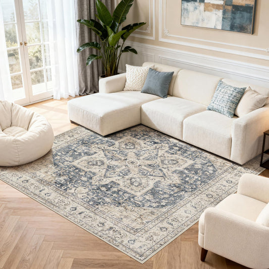 Tortania 8' Square Area Rug Living Room Rugs - Washable Boho Rug Vintage Oriental Distressed Farmhouse Large Thin Indoor Carpet for Bedroom Under Dining Table Home Office - Cream/Blue