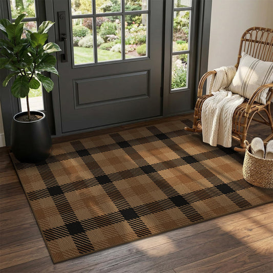 Easy Jute Brown Checkered 3x5 Entryway Rugs - Dark Plaid Rug Indoor Door Mats for Entrance, Front Porch, Outdoor Balcony, Kitchen Floor, Washable Non Slip Earthy Rustic Neutral Décor