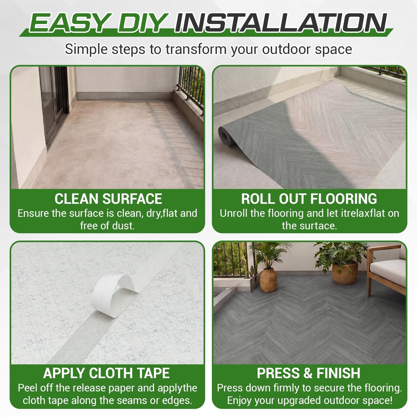Klyyo Clyro Outdoor Flooring Roll, 3.28' x 32.8' 107.6 sq ft Waterproof PVC Vinyl Deck Covering, Gray Wood Grain, UV Resistant Floor Mat with Installation Tape for Balcony Patio Porch Concrete