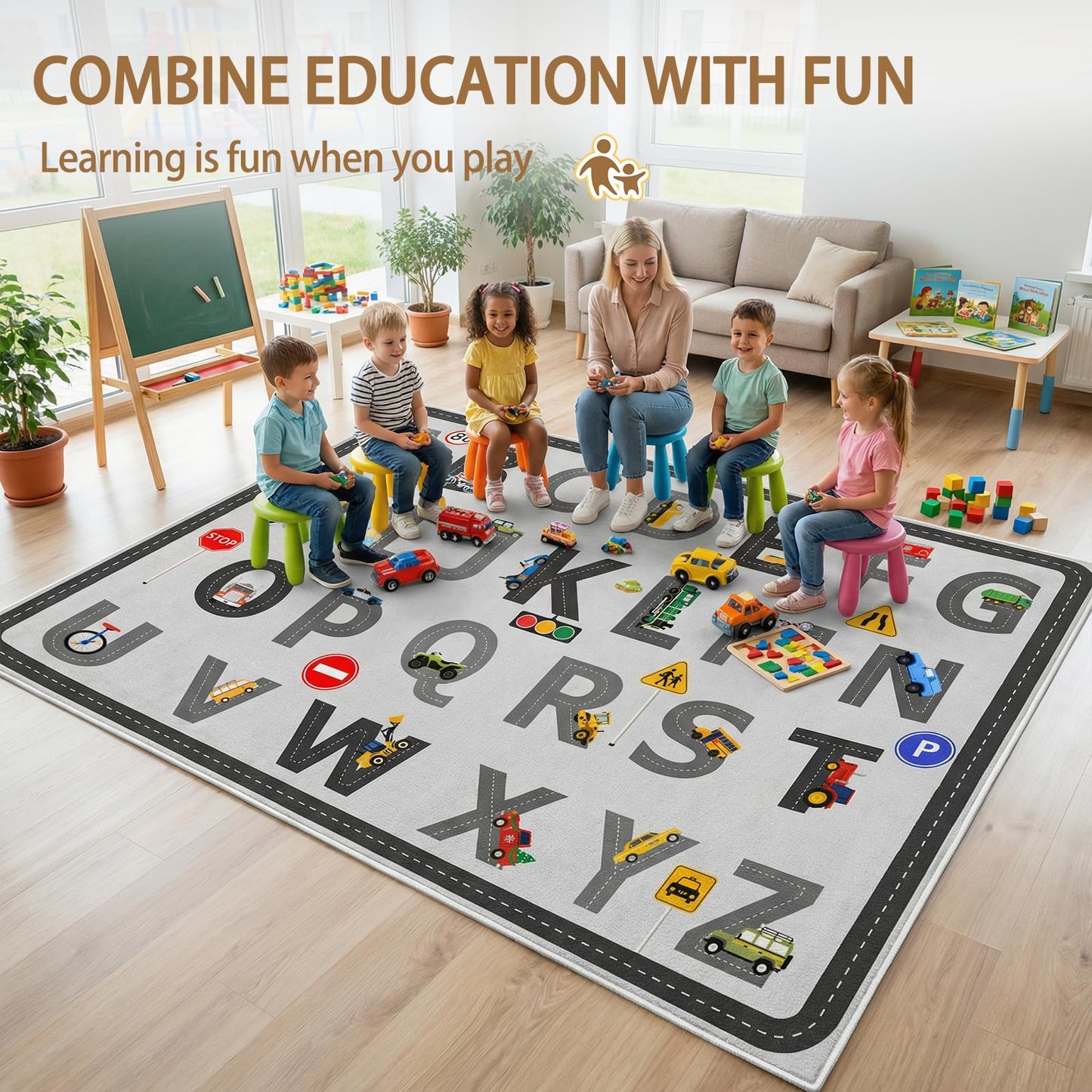 5x7 Ft ABC Alphabet Educational Area Rug for Children Toddler Girls Boys Leaning, Car Rug Play Mat for Kids Room, Playroom, Classroom, Nursery, Daycare, Non-Slip & Thick Faux Wool Kids Carpet-Washable