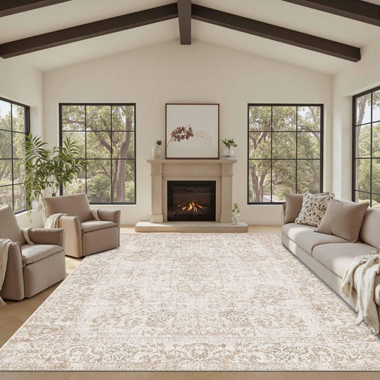 Rugxara 8x10 Area Rugs,Large Rugs for Living Room,Washable Neutral Rug, Vintage Boho Rugs for Office, Kids Room, Farmhouse, Durable Low Pile Non Slip Carpet for High Traffic Areas, Light Bown