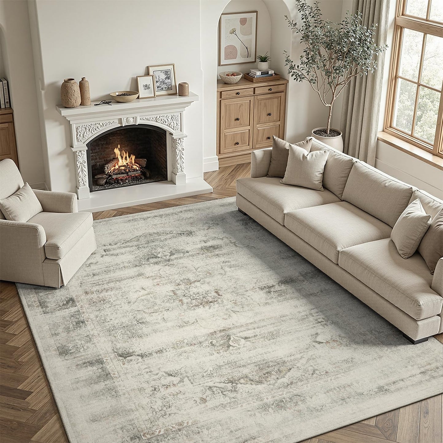 DCX 5x7 Vintage Rug, Machine Washable Stain Resistant Distressed Beige Rug, Kid & Pet Friendly with Rubber Back Non Slip Soft Low Pile Large Carpet for Living Room, Bedroom, Home Office