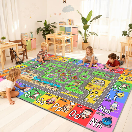 Kids Car Rug for Playroom, Bedroom, Classroom, 8x10 Kids Play Mat with Road, ABC, Buildings, Car Road Carpet, Educational Toddler Rug for Boys, Girls