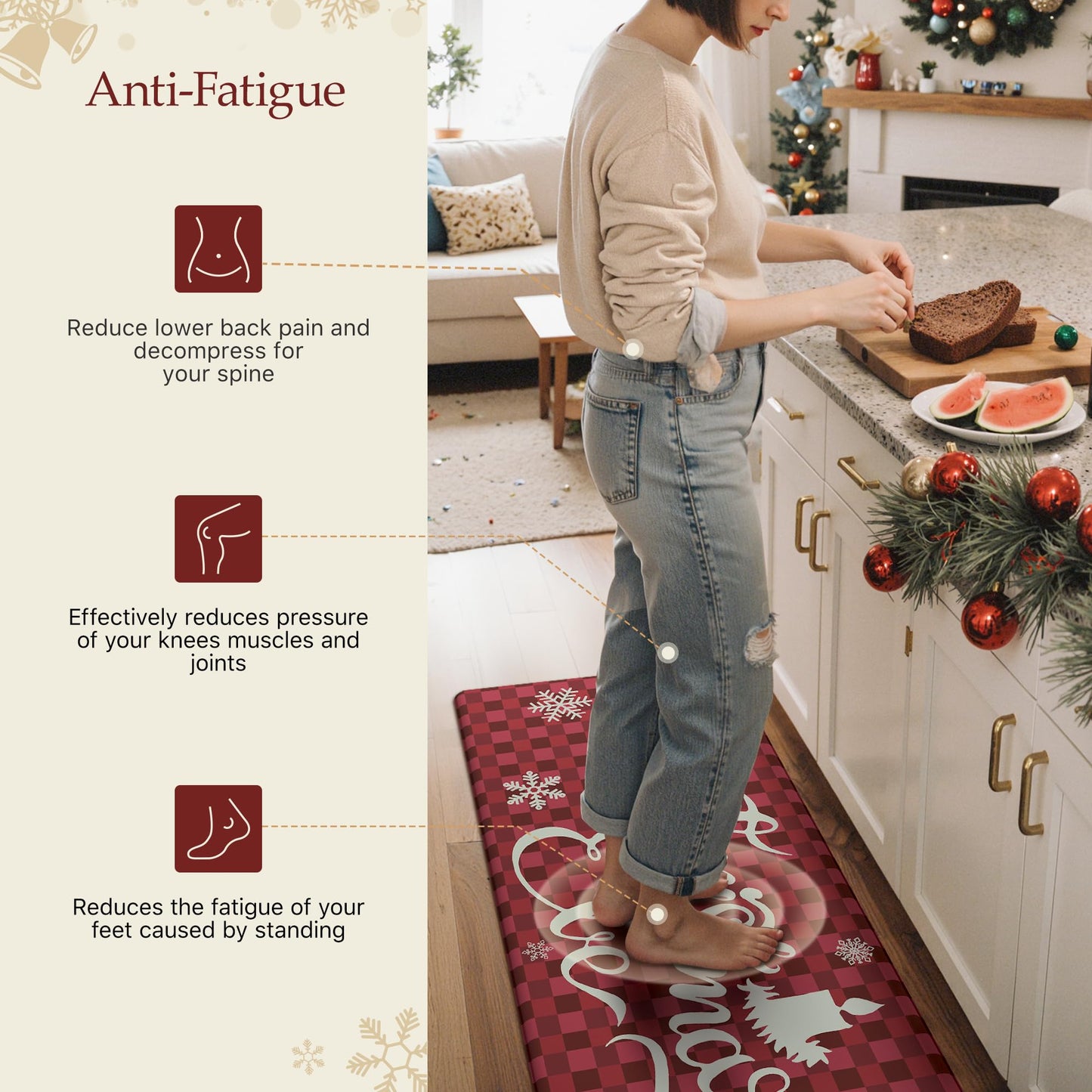 GENIMO Christmas Decorations - Kitchen Mats for Floor, 2PCS Christmas Kitchen Rugs, Cushioned Anti Fatigue Mat for Home Decor, Waterproof Non Slip Standing Mat for Laundry, 17.3"x47"+17.3"x30", Red