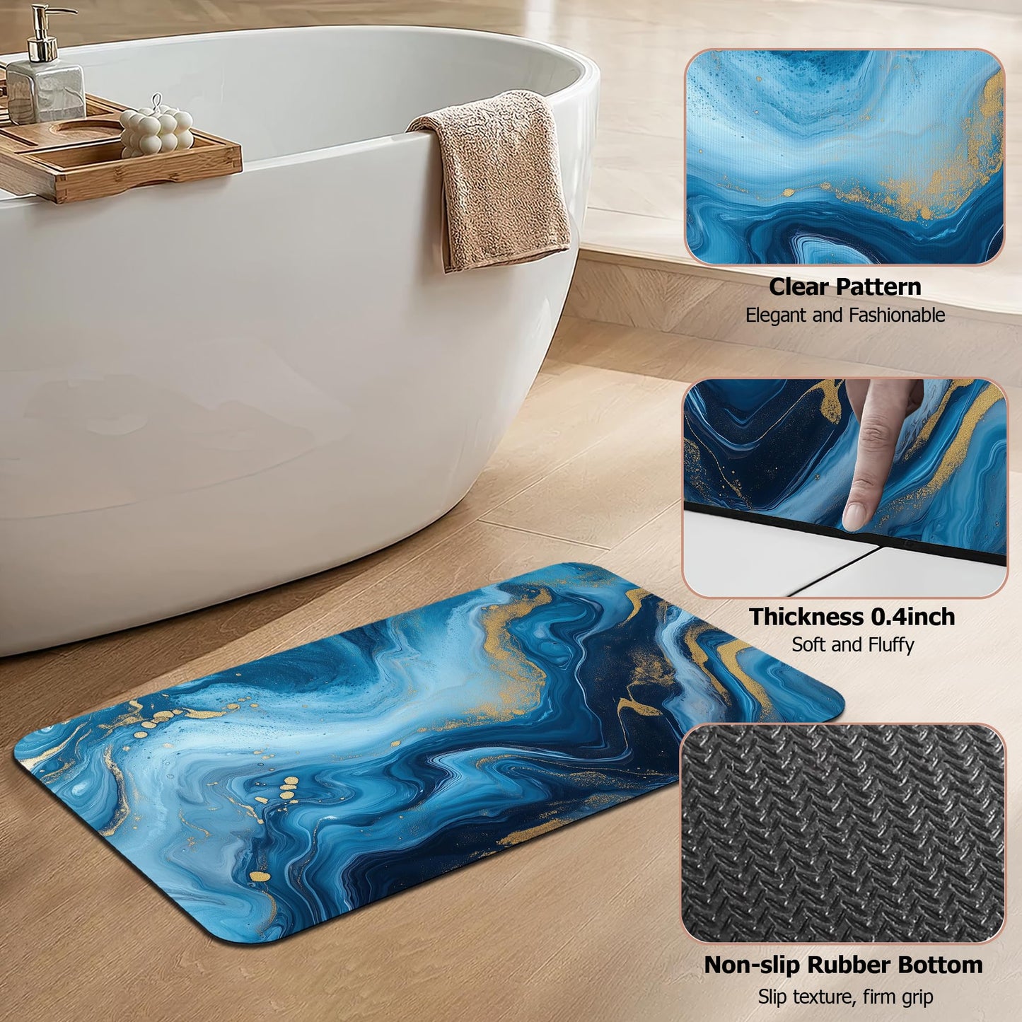 ZTHLL Bath Mat,Blue Gold Flowing Marble Bathroom Rugs,Quick-Drying Non-Slip Rubber Bath Mats Absorbent Diatomaceous Earth Mat for Bathroom Home Decor 17"x29.5"