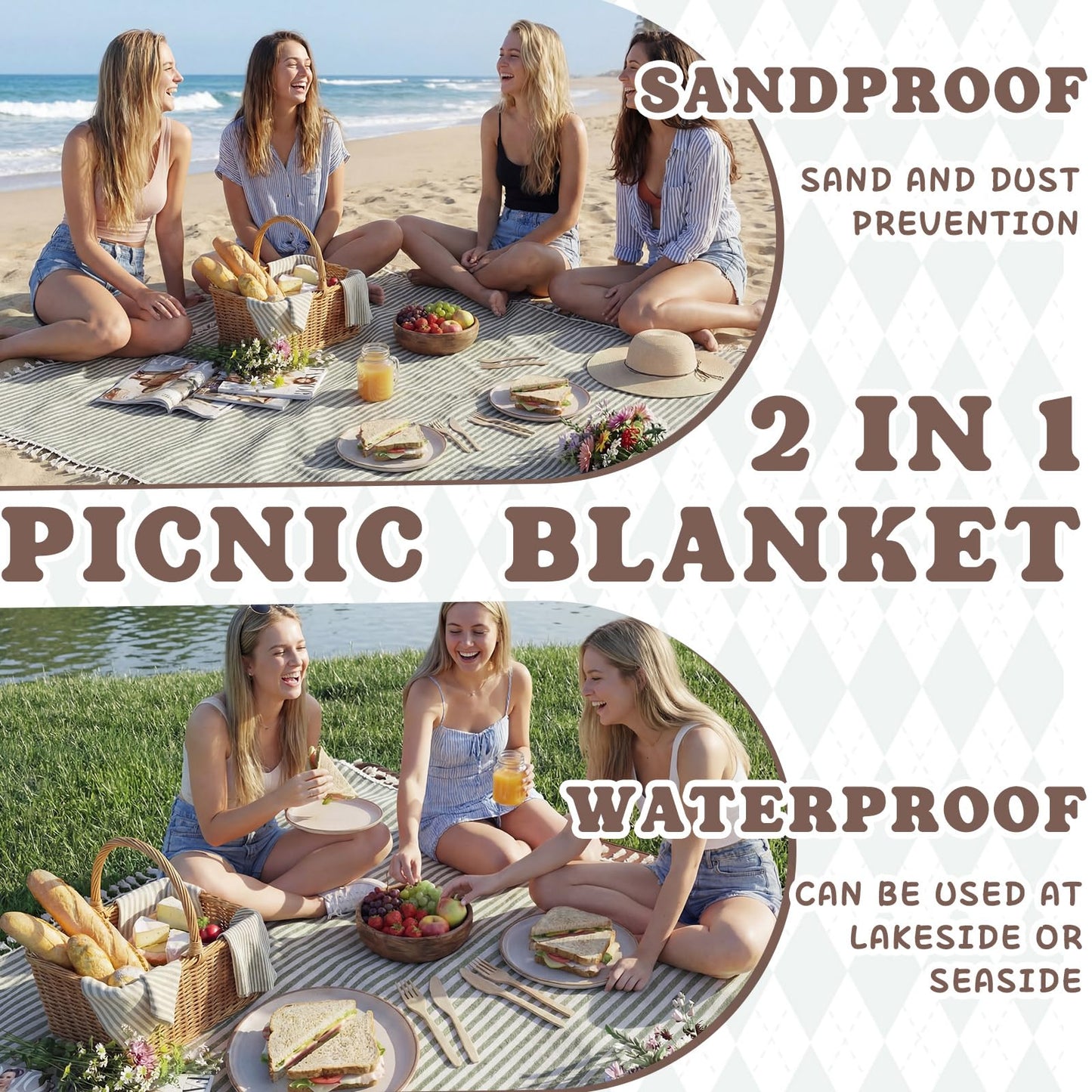 Breling 2 in 1 Double Layer Outdoor Picnic Blanket + Mat, Green Stripe Boho Large Waterproof Beach Mat Foldable Portable Camping Blankets with Carry Strap Tassel for Summer Park Grass 59'' x 79''