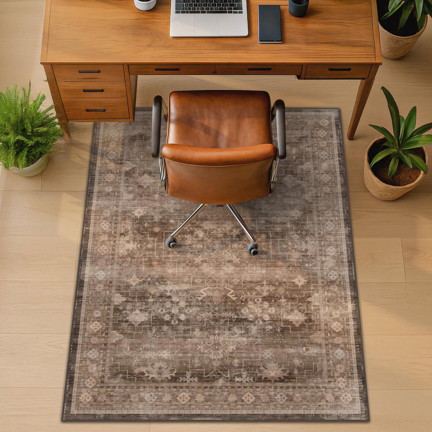Office Chair Mat for Hardwood Floors, Brown Boho Desk Chair Rug, Low Pile Floor Protector for Rolling Office & Gaming Chairs, Non-Slip Washable Rug for Tile, Laminate, Home Office, 36" x 48"