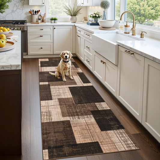 Ailyei Washable 2x6 Runner Rug for Hallway Kitchen Bedroom, Modern Geometric Patchwork Grid Print Non Slip Carpet, Soft Stain Resistant Long Runner with Rubber Backing, Chocolate