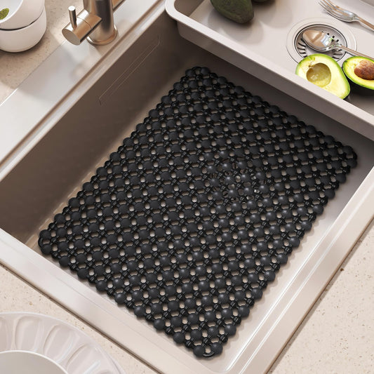 QiCaiJia Kitchen Sink Mat for Stainless Steel Ceramic Sinks, PVC Sink Protectors Mats for Bottom of Kitchen Sink, Dishes and Glassware Drain Mats, Durable and Fast Draining, Black 15.7 x 11.8 inch