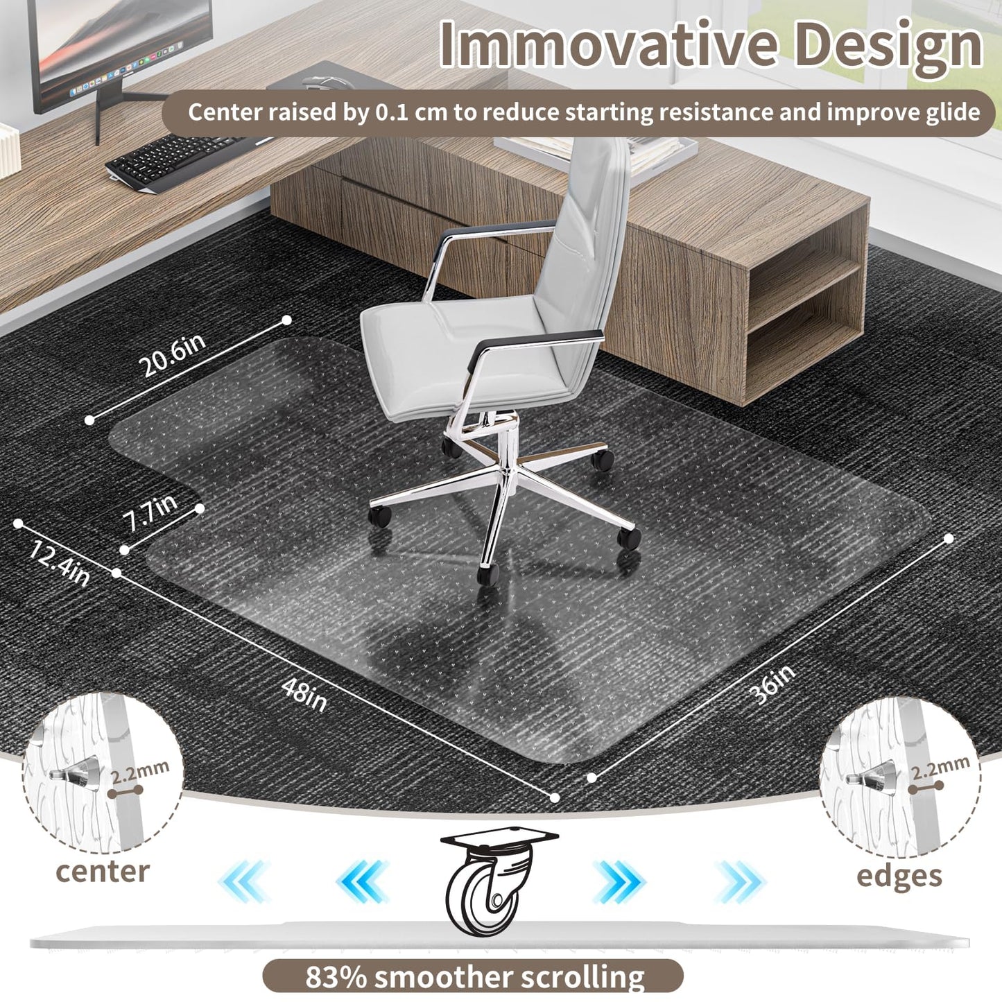 Office Chair Mat for Low Pile Carpeted Floors with Lip, 36" x 48" Plastic Floor mat for Desk Chair on Carpet,Easy Glide Carpet Protector Mat for Computer Chairs,Rolling Chairs,Home,Office Non-Slip