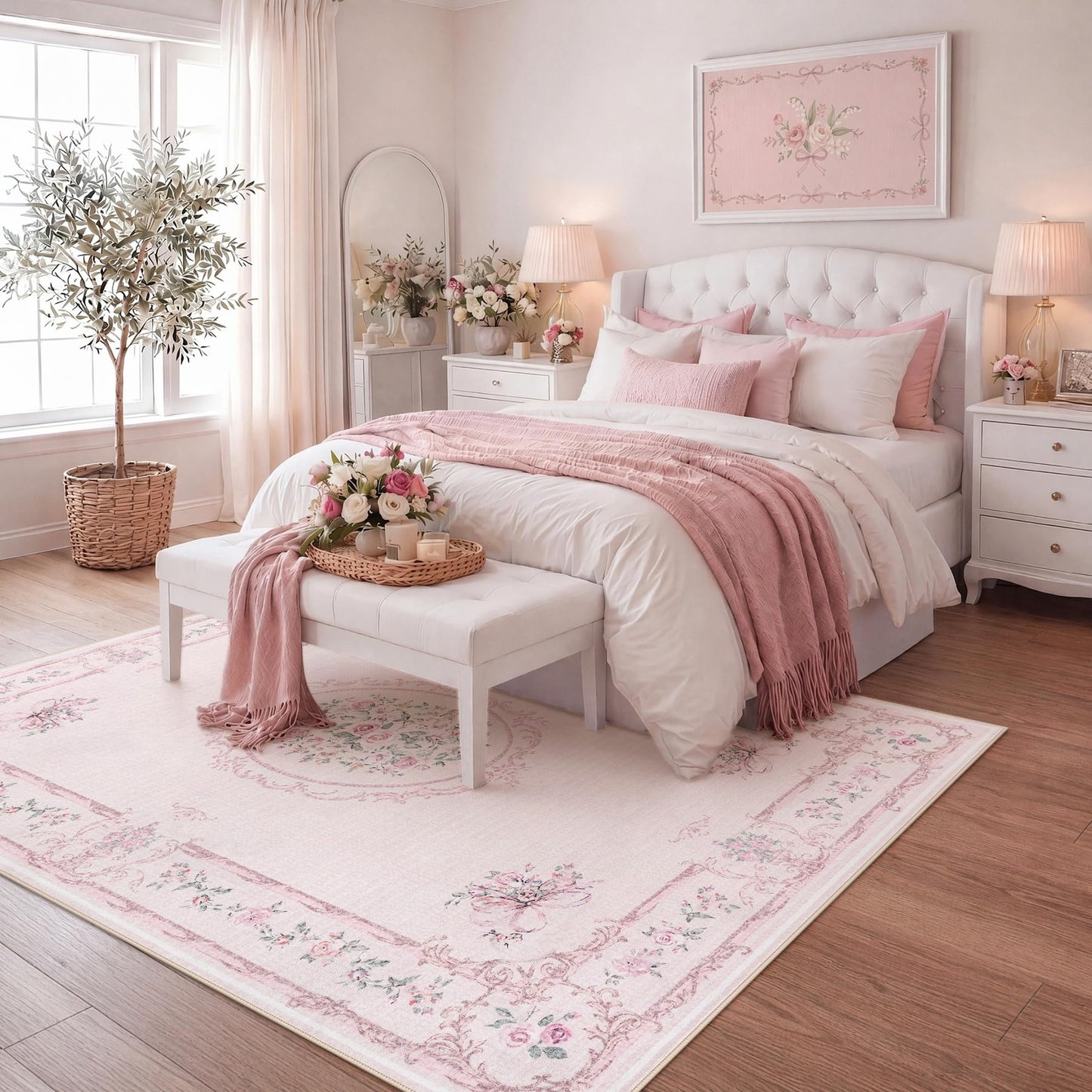 Tribesigns Floral Bow Pink 8 x 10 Area Rug for Girls Bedroom, Soft Washable Rose Medallion Nursery Living Room Rugs, Large Non-Slip Low Pile Boho Floral Carpet for Dorm Kids Playroom, Pink/8x10