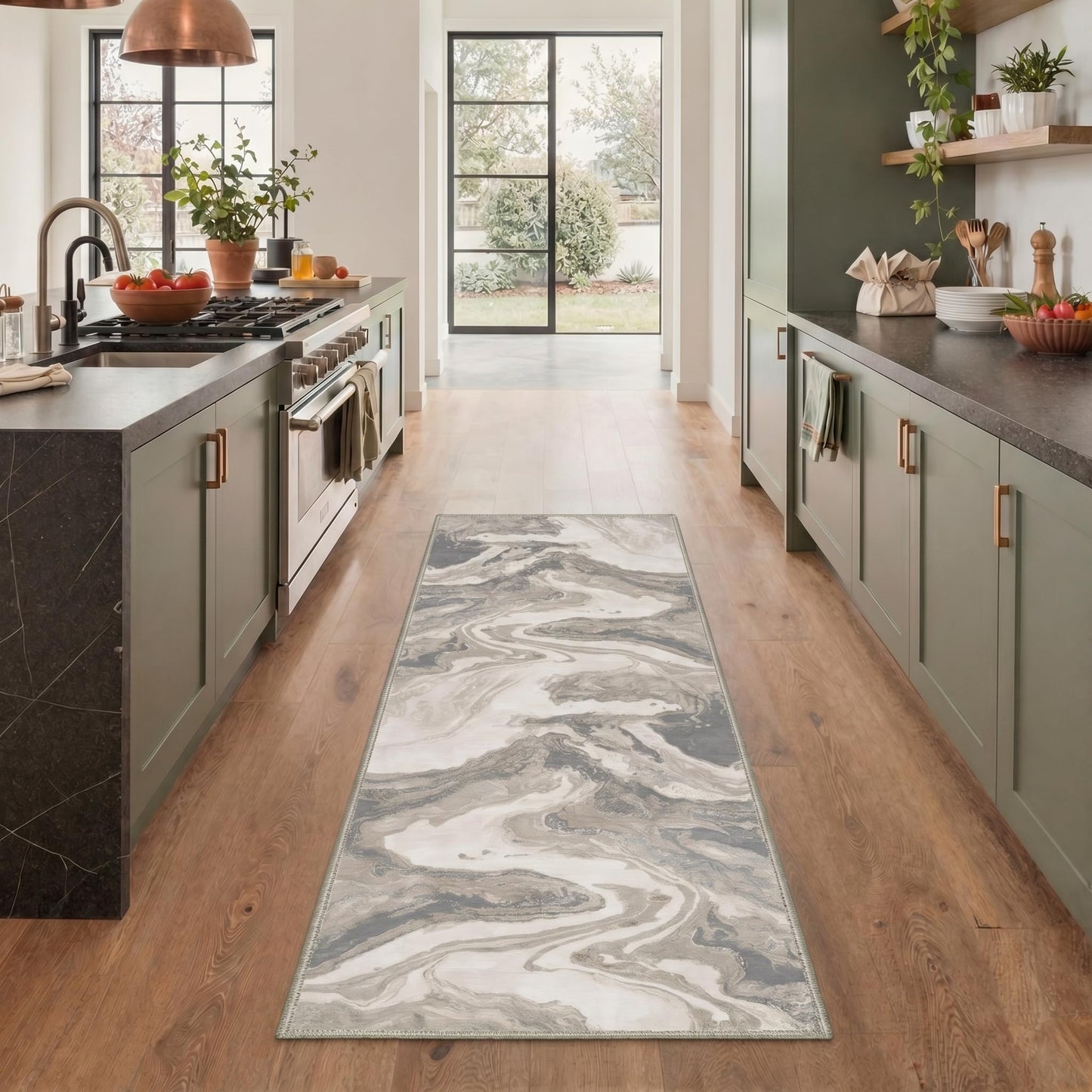 BESBLEE 2x5 Runner Abstract Rugs for Hallway and Kitchen, Machine Washable Non Slip Low Pile Print Rug for Laundry Room Bedroom Bathroom Entryway, Liquid Marble, Dusty Greige