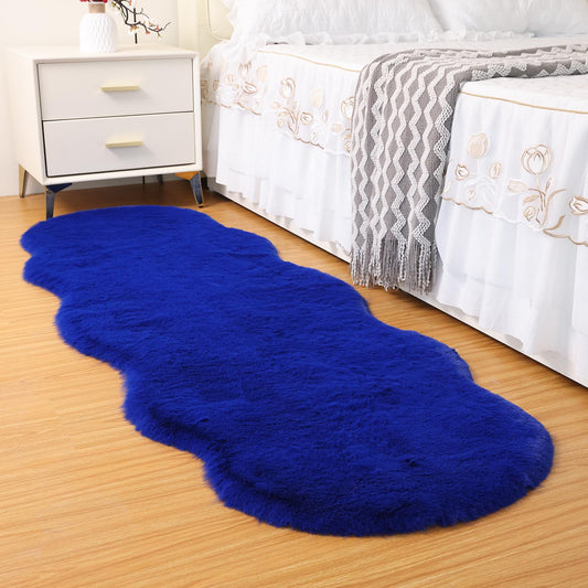LLSPW Fluffy Synthetic Rabbit Fur Area Rug Soft Faux Rabbit Plush Rug Machine Washable Non-Slip Backing High Density Floor and Sofa Seat Cushions for Living Room White and Blue 2x6 ft