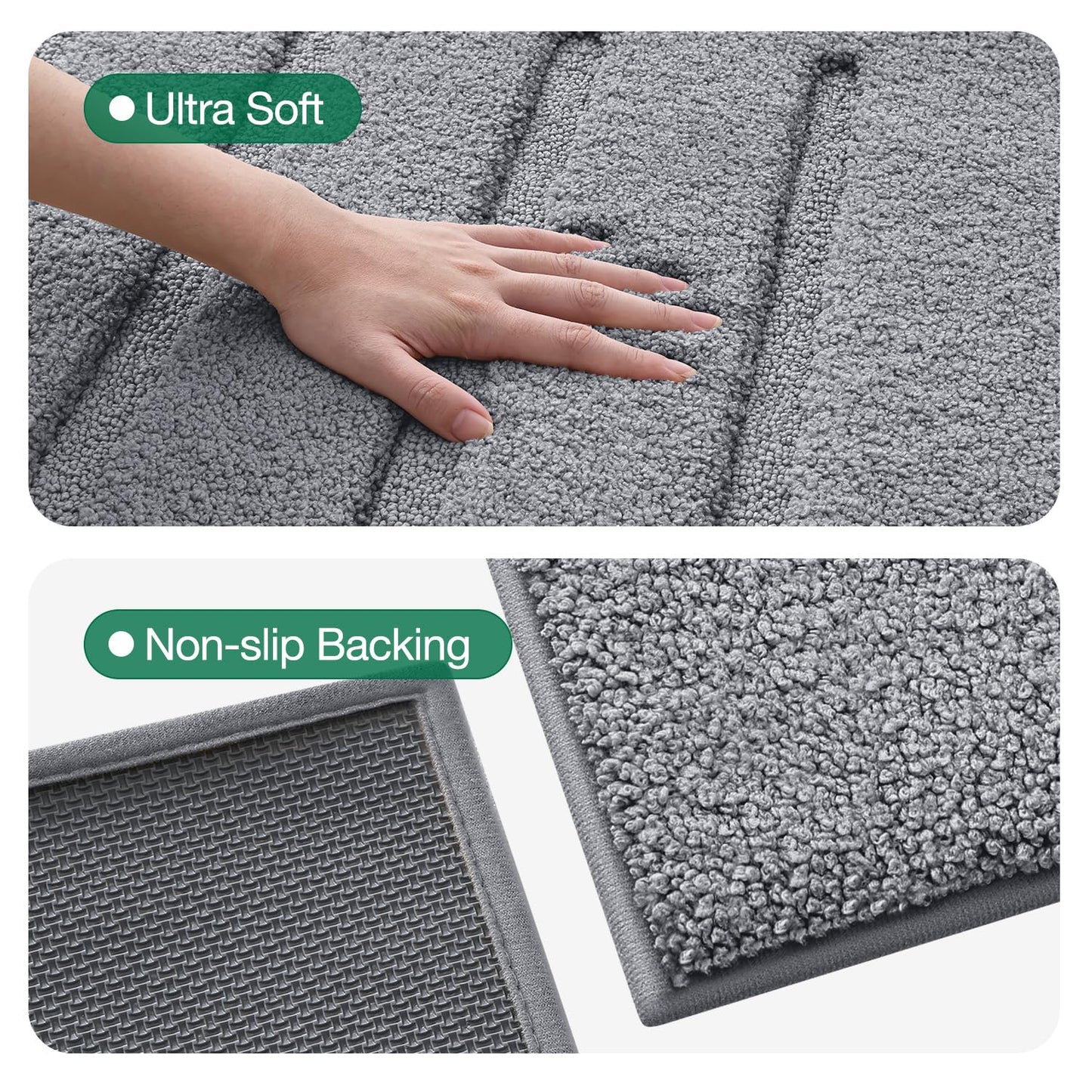 LUMI Non-Slip Skin-Friendly Bathroom Rugs, Hotel Quality Bath Mats for Bathroom, Washable Fluffy Shower Mat, Minimalist Luxury Striped Style,Ideal for Floor, Shower Tub, Entryway, 17"x30", Grey
