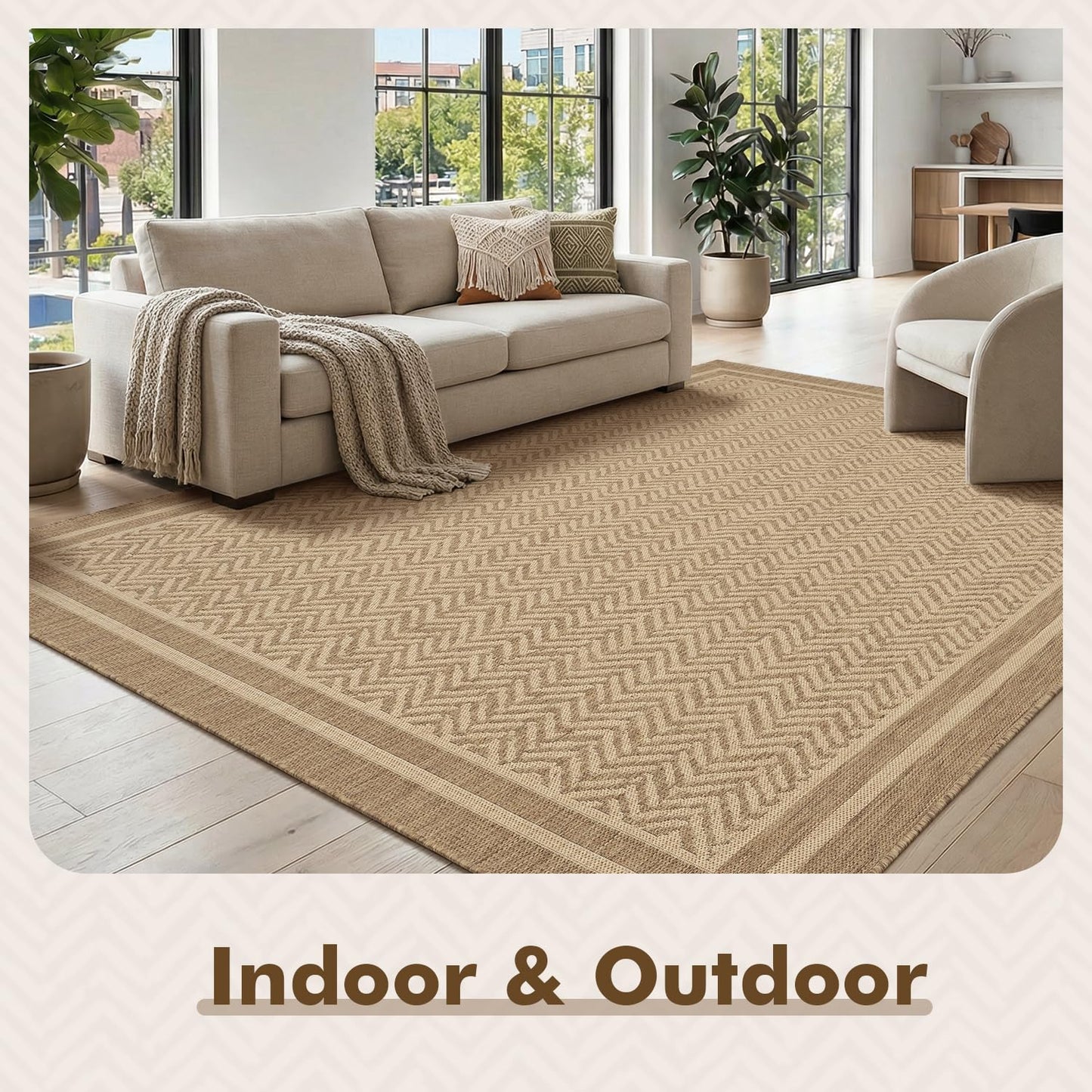 MontVoo-Outdoor Rug-Patio Rug 5x7 Polypropylene Indoor Outdoor Rugs Outdoor Carpet for Patio Deck Balcony Porch, Textured Weave, Durable for High Traffic, Fade-Resistant, Boho Farmhouse Neutral Brown