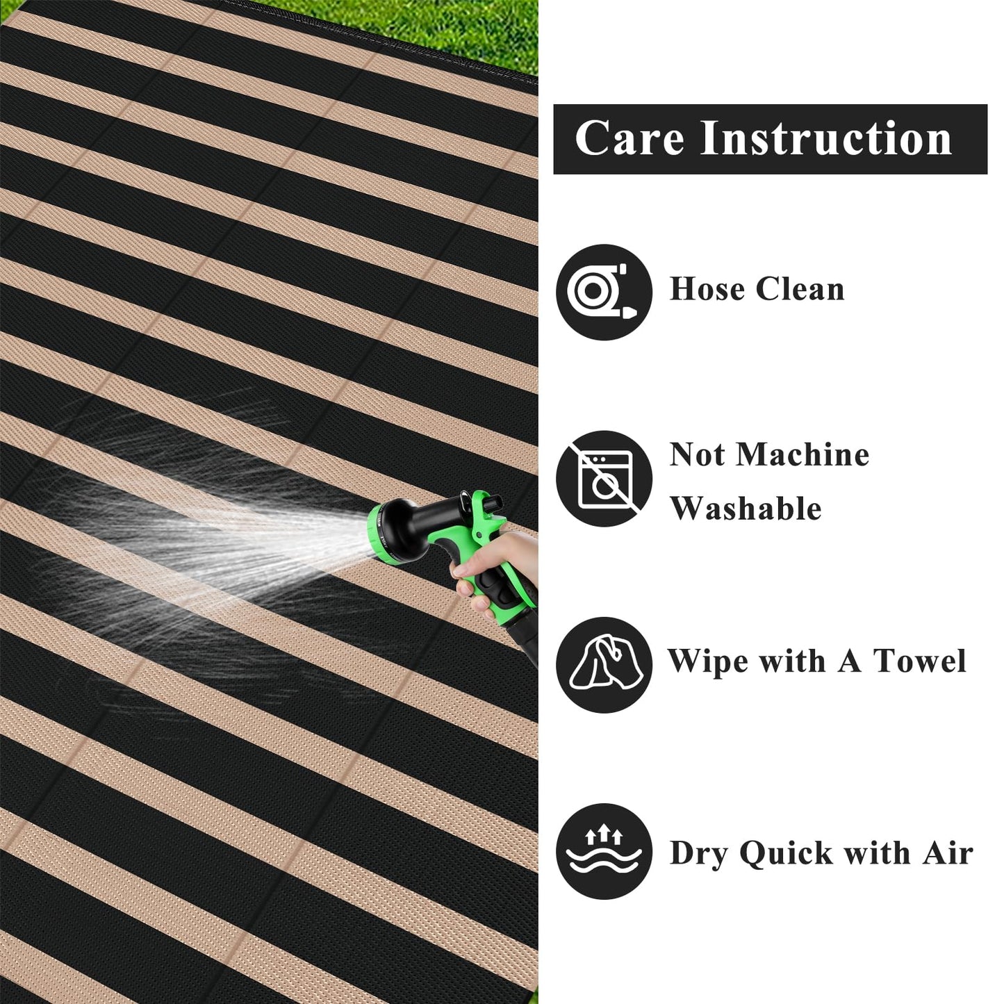 Vaukki Waterproof Outdoor Rug 5x8, Reversible Striped Patio Rug, Lightweight Plastic Straw Camping Mat, Indoor Outdoor RV Carpet for Outsides, Patio, Camping, Balcony, RV and Deck, Black and Beige